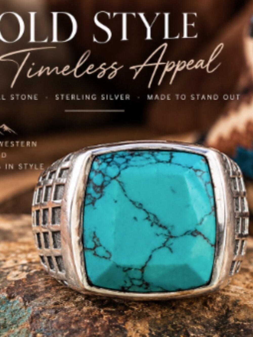 Men's sterling silver ring featuring a faceted rectangular turquoise stone